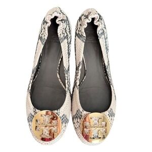 Tory Burch Reva Snake Embossed Leather Ballet Flats Gold Logo Women Size 8.5